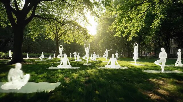 Meditative Morning Stretch, glowing ethereal human figures performing various yoga poses in a lush green park with bright sun flare