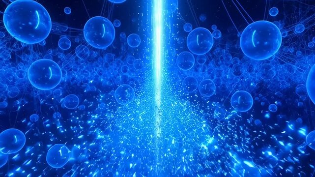 Abstract blue light particles and bubbles in a digital science fiction space