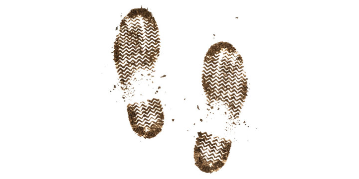 A pair of dirty footprints left by a shoe or boot, isolated against a clean white background