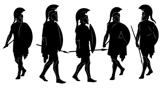 Ancient Greek Spartan warrior silhouettes, set of 5 hoplite soldier vector icons with spears and shields, black military infantry figures