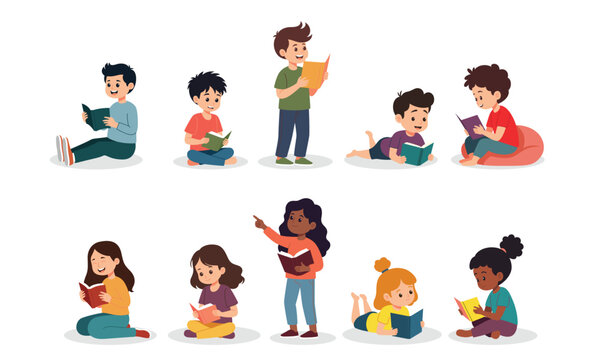 Kids reading book vector graphic illustration set