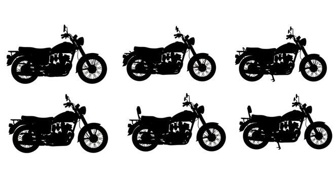 Vintage motorcycle silhouettes set, 6 classic motorbike vector elements, black retro cruiser bike icons for garage and biker club branding