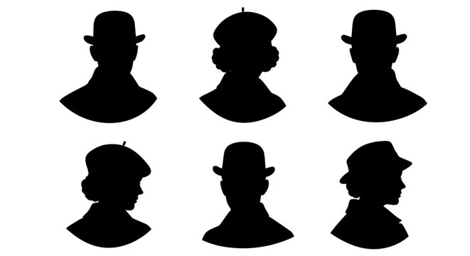 Vintage gentleman and lady silhouettes with hats, set of 6 classic head and shoulder portraits, retro fashion profile icons in black vector