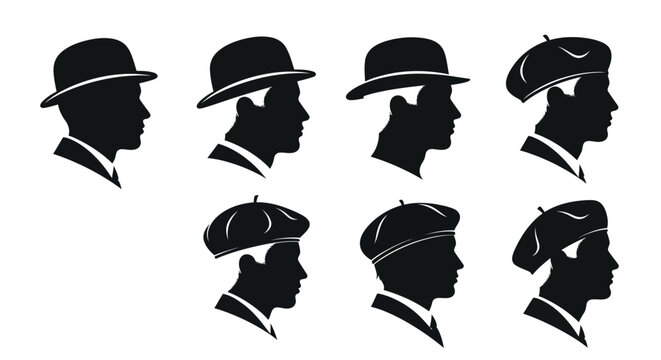 Vintage gentleman silhouettes wearing hats, set of 7 male profile icons with bowler hats and berets, classic retro fashion headwear vector