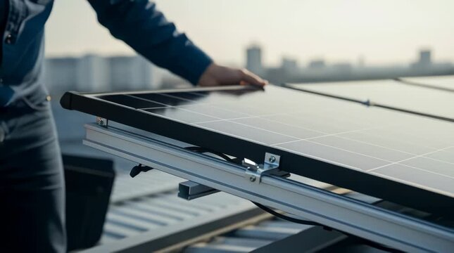 Solar panel renewable energy and sustainability installation on rooftop for residential solar power eco-friendly living with technician adjusting photovoltaic modules during daylight hours Efficiency