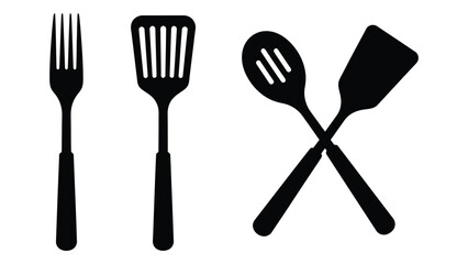 Black silhouettes of a fork, grill spatula, spoon and flipper on white © SILHUETTECHEMBER