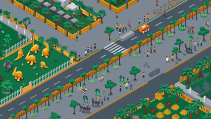 Isometric illustration of a bustling city park with dinosaur exhibits and people © Sujit