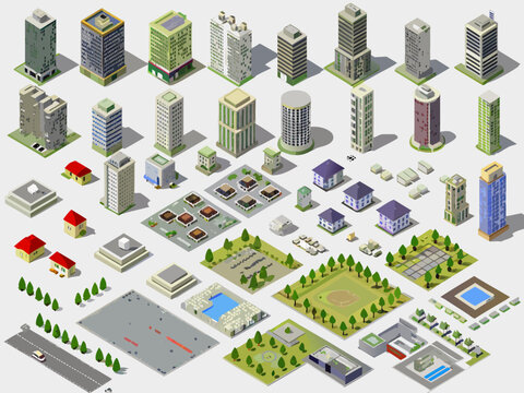 Isometric city landscape with various buildings parks and transportation elements