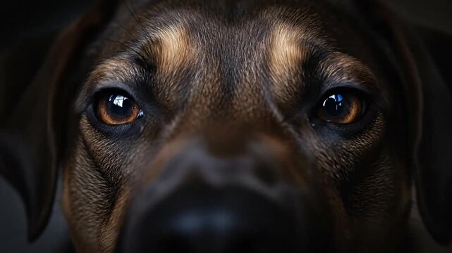 Close-up portrait of a dog's face with brown eyes.