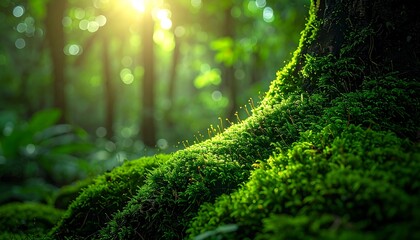 Fototapeta premium Lush green moss covering a tree trunk in a tropical rainforest for World Forest Day celebration