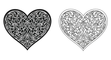 Intricate heart designs featuring ornate patterns and a striking silhouette © Rina