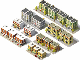 Isometric illustration of a colorful low poly urban cityscape with various buildings