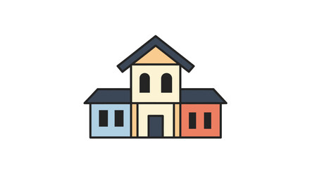 Fototapeta premium Colorful cartoon illustration of a house with multiple sections and windows