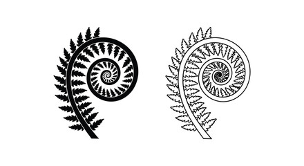Two fern frond spirals one black and one white in a graphic silhouette © Rina