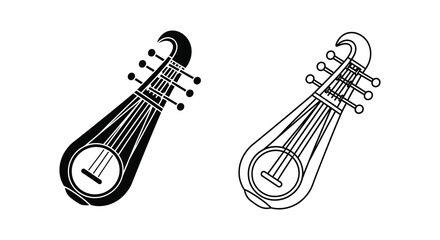 Two depictions of a traditional stringed instrument in black a striking silhouette © Rina