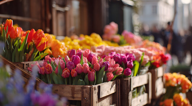 A display of fresh tulips and roses in rustic wooden crates at a flower market on March 8th is a spring street scene for International Women's Day celebration and gifting concept.