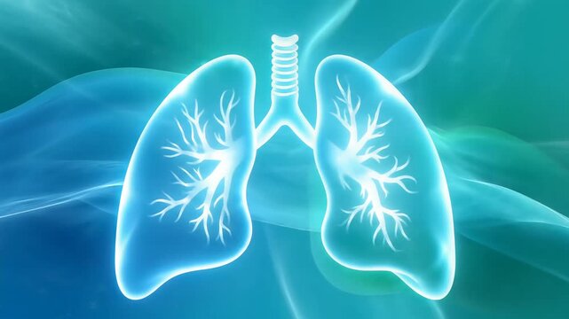 Vibrant glowing animation of human lungs with bronchi and trachea, set against a dynamic blue-green abstract background, depicting healthy