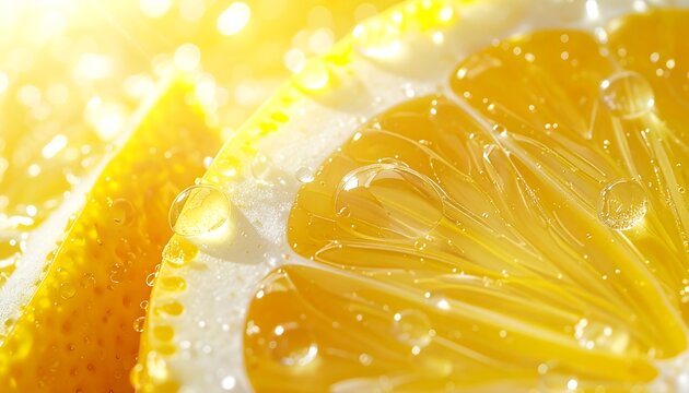 Macro lemon slice with water droplets, fresh citrus texture, vibrant summer hydration background