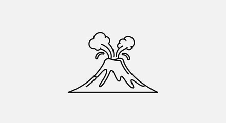 Simple line art icon of an active erupting volcano with smoke and lava, representing natural disaster or geological danger.