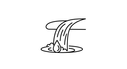 Minimalist black and white line art icon of flowing water stream with a single droplet into a pool, simple vector illustration