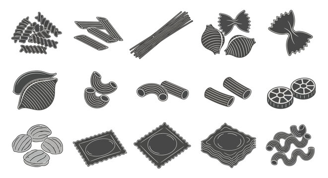 Set of 15 various pasta types vector icons in black and white, including fusilli, penne, spaghetti, farfalle, conchiglie, macaroni, rigatoni, and ravioli for food and restaurant designs.