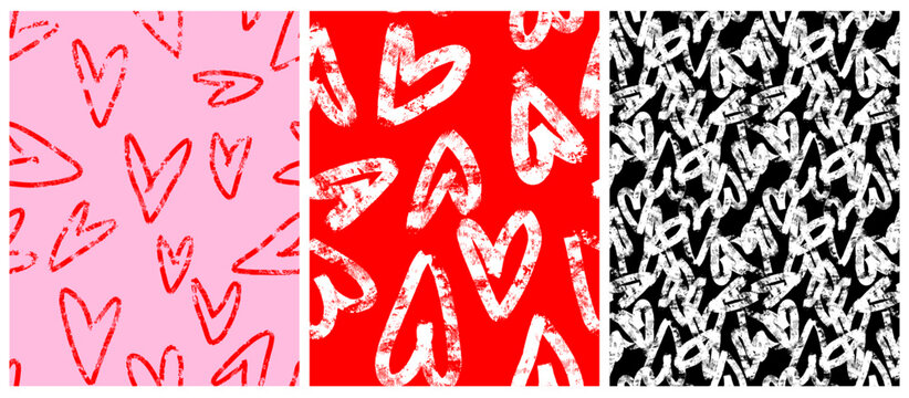 Childish Hand‑Drawn Seamless Heart Patterns &ndash; Chalk‑Style Romantic Vector Set. Pink, Red And Black Abstract Print With Doodle Hearts, ideal for Valentine&rsquo;s Day designs, romantic stationery, gift wrap.