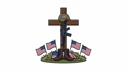 Fototapeta premium Memorial Day Soldier Cross Memorial Clipart with Helmet and American Flags Isolated on White Background