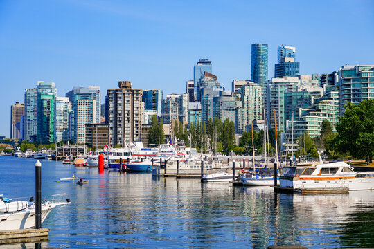 Boats docked in Bayshore West Marina in front of the skyscrapers of Downtown Vancouver, British Columbia, Canada