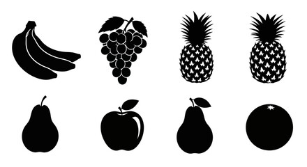 Collection of fruit icons including bananas grapes pineapples pears and apples in black silhouette on white background for design and decoration © Dipan