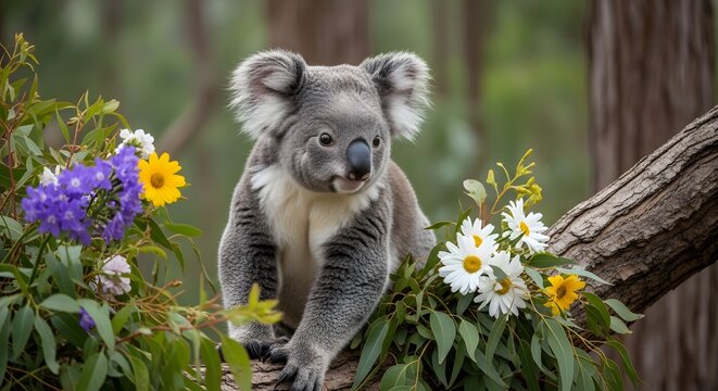 Celebrate wild koala day with cuddly koala in blooming forest habitat