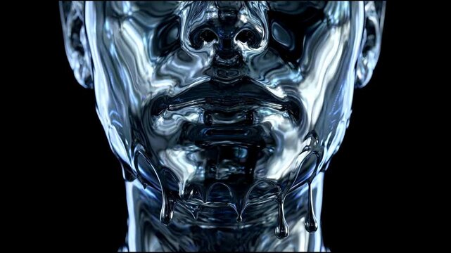 Futuristic silver chrome cybernetic face morphing liquid metal reflection dark sci fi artificial intelligence robot fluid dynamic dripping drop loop animation mirror texture cyberpunk