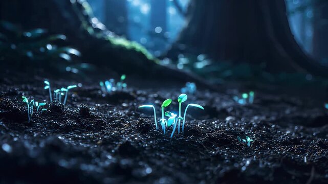 Enigmatic time lapse of glowing bioluminescent seedlings sprouting from dark, rich soil in a mystical moonlit forest, symbolizing growth