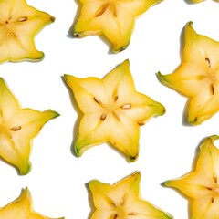 Naklejka premium Freshly Sliced Starfruit Rings on a White Background, A Healthy and Delicious Tropical Fruit