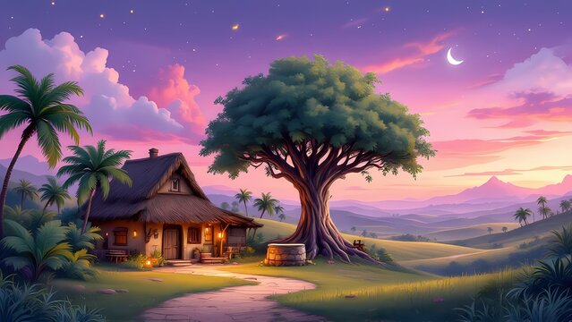 Cartoon Indian Village Evening Background with Banyan Tree, Water Well and Mud Houses, Peaceful Rural Sunset Landscape for Animation
