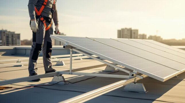Solar panel renewable energy and sustainable power during rooftop installation for residential solar systems with construction worker adjusting photovoltaic module on commercial building Efficiency