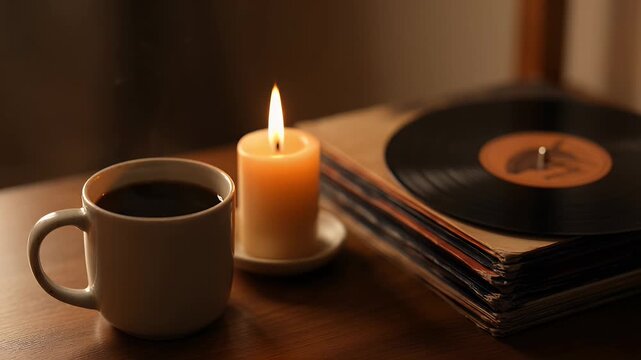 A steaming mug of coffee, lit candle, and stacked vinyl records on a table