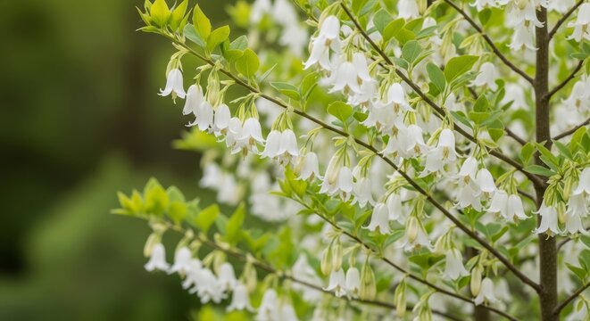 Carolina silverbell tree with white flowers and green leaves in spring, copy space    