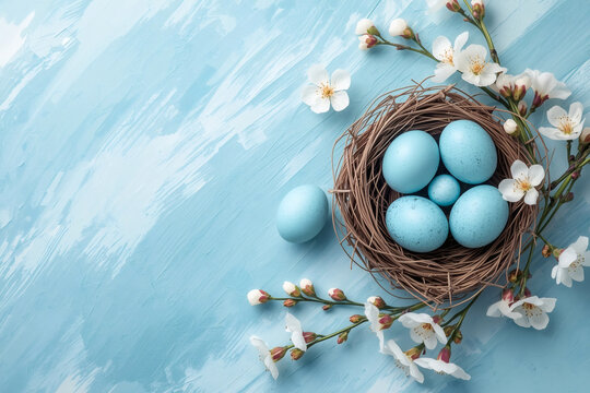 Easter blue eggs in a nest of twigs and sakura on a blue background with rough strokes. The concept of a happy Easter 2026.