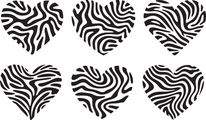 Fototapeta premium Set of six heart shapes with wavy line patterns isolated on transparent background