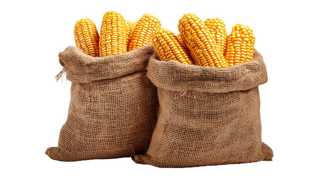Two burlap sacks filled with golden corn on the cob isolated on transparent background