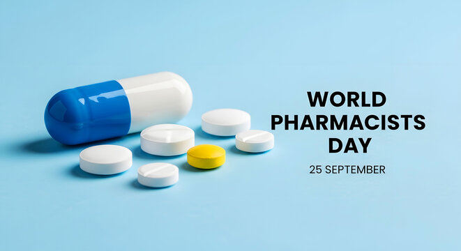 World pharmacists day celebration with pills and capsules