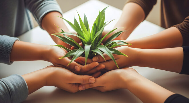 People joining hands around a small green plant