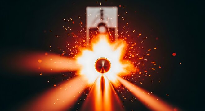 Close-up of firearm muzzle flash with sparks, dramatic effect, dark background