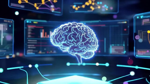 A futuristic video visualization of a brain surrounded by data screens and graphs in a virtual reality environment