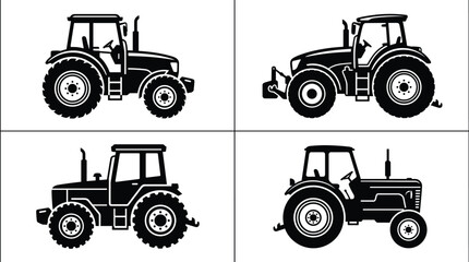 Obraz premium Agriculture tractor silhouette set featuring modern farm machinery for harvesting field work agronomy heavy equipment industrial farming icons and rural transport design elements