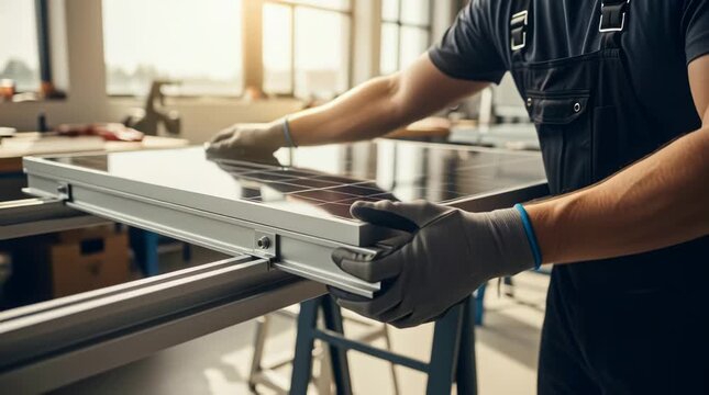 Solar panel renewable energy and sustainable technology for green power generation installation process with skilled technician assembling photovoltaic modules in a modern workshop Efficiency