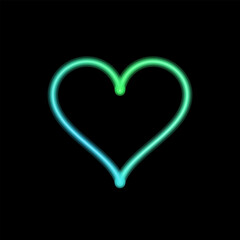 An electric neon heart outline shining brightly with a cool gradient of green and blue light