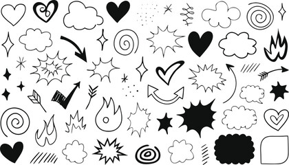 Fototapeta premium Collection of hand drawn doodle elements including hearts stars clouds and abstract shapes