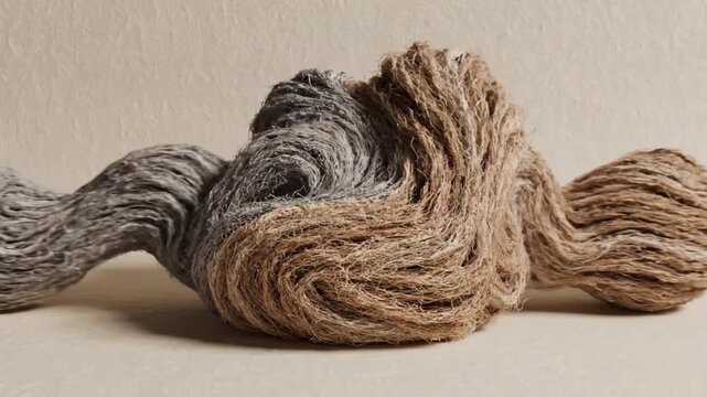 Brown and gray rope sculpture on beige surface and wall