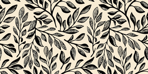 Elegant black and white botanical illustration of delicate leafy branches © BasobiBala